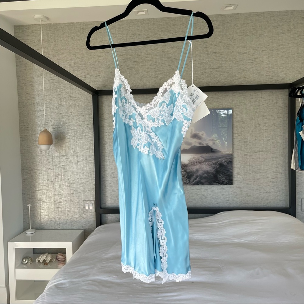 La Perla Maison Silk Blue White Short Slip Dress Cami Nightgown Small NEW